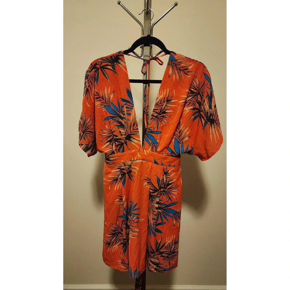 Tropical Palm Print V-Neck Romper Orange Tie Open Back‎ Size L Resort Vacation